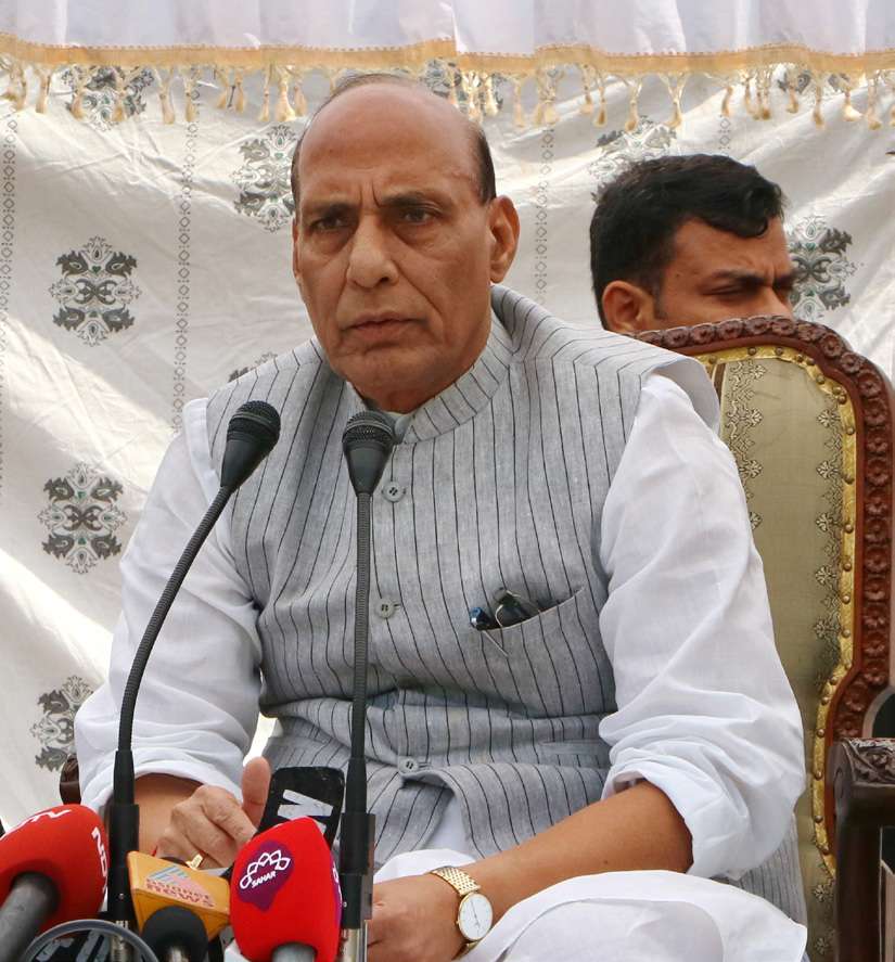 Rajnath Singh at the press conference at Lalit Grand Hotel in Srinagar on Monday