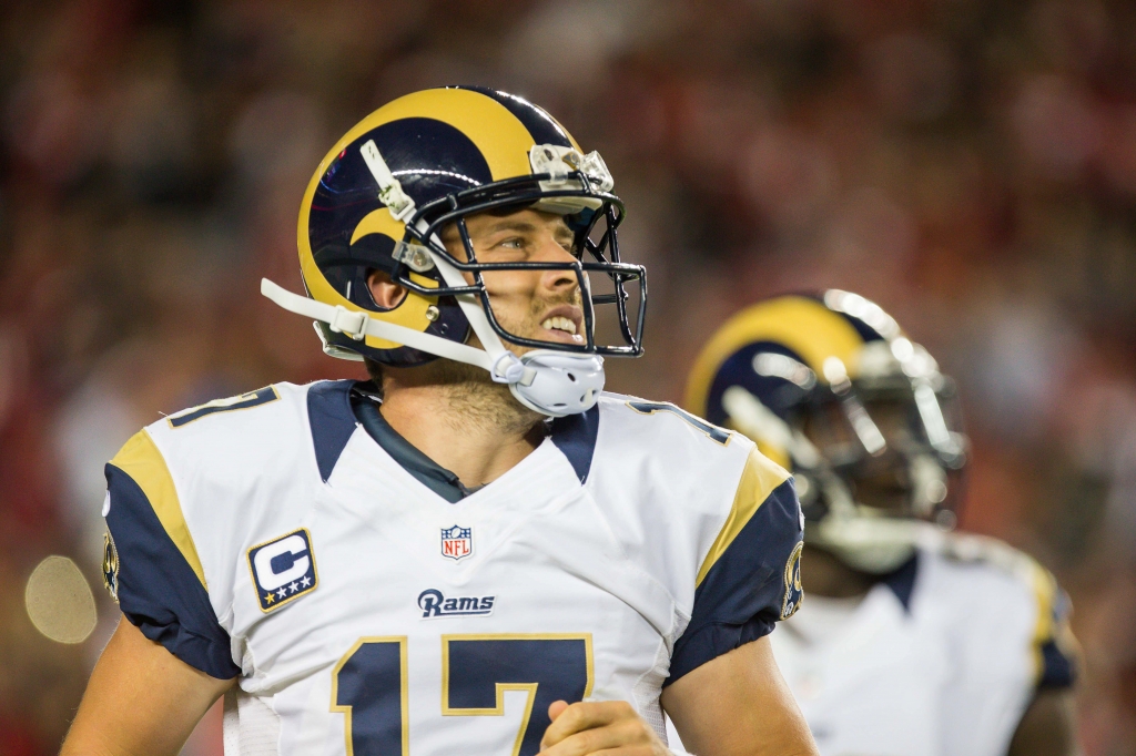 Sep 12 2016 Santa Clara CA USA Los Angeles Rams quarterback Case Keenum looks for the replay on the video board after being sacked by the San Francisco 49ers during the first quarter at Lev'i's Stadium. Mandatory Credit Kelley L Cox-U