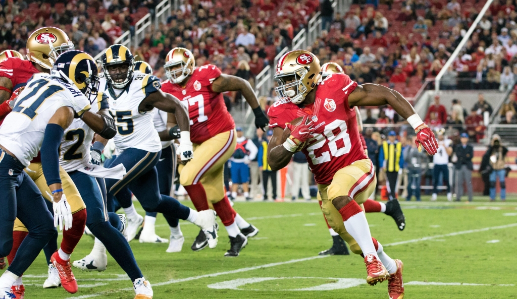 Sep 12 2016 Santa Clara CA USA San Francisco 49ers running back Carlos Hyde runs the ball against the Los Angeles Rams in the second quarter at Levi's Stadium. Mandatory Credit John Hefti-USA TODAY Sports