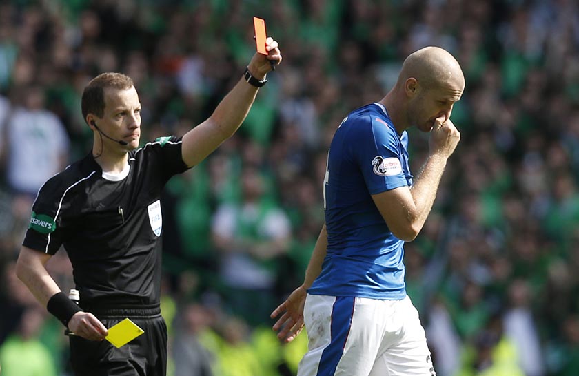 Rangers&#039 Philippe Senderos is shown a second yellow card and sent off by William Collum