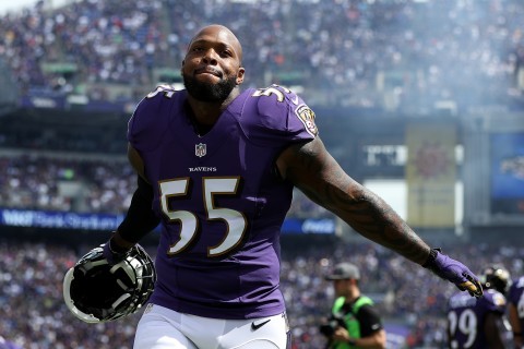 Ravens linebacker Terrell Suggs has plenty to celebrate as Baltimore stops Buffalo in the season opener