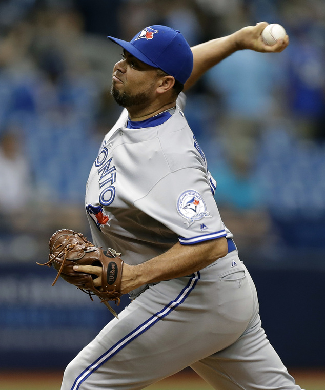 Toronto Blue Jays relief pitcher Joaquin Benoit delivers to the Tampa Bay Rays during the eighth inning of a baseball game Sunday Sept. 4 2016 in St. Pete