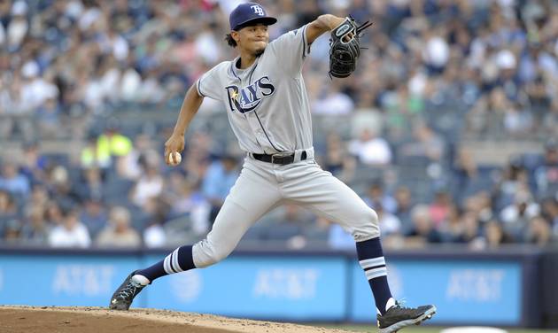 Tampa Bay Rays pitcher Chris Archer delivers to the New York Yankees during the first inning of a baseball game Saturday Sept. 10 2016 at Yankee Stadium in New York