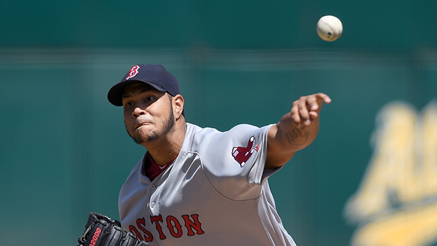 Eduardo Rodriguez pitches against the Oakland Athletics in the bottom of the first inning at Oakland Alameda County Coliseum