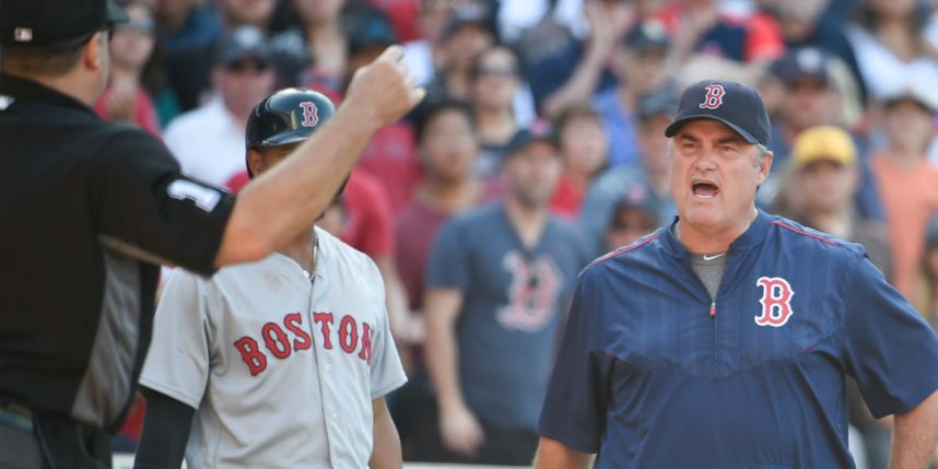 Red Sox manager John Farrell argues with the home plate umpire in San Diego on Monday