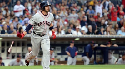 Red Sox third baseman Travis Shaw watches his two-run homer against the Padres on Wednesday