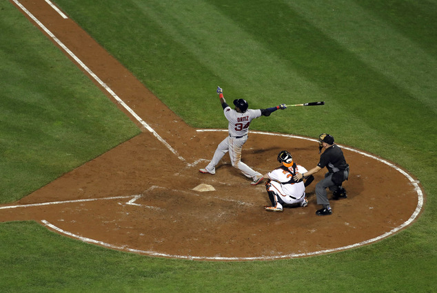 Boston Red Sox's David Ortiz watches his three-run home run in front of Baltimore Orioles catcher Matt Wieters and home plate umpire Mike Everitt in the