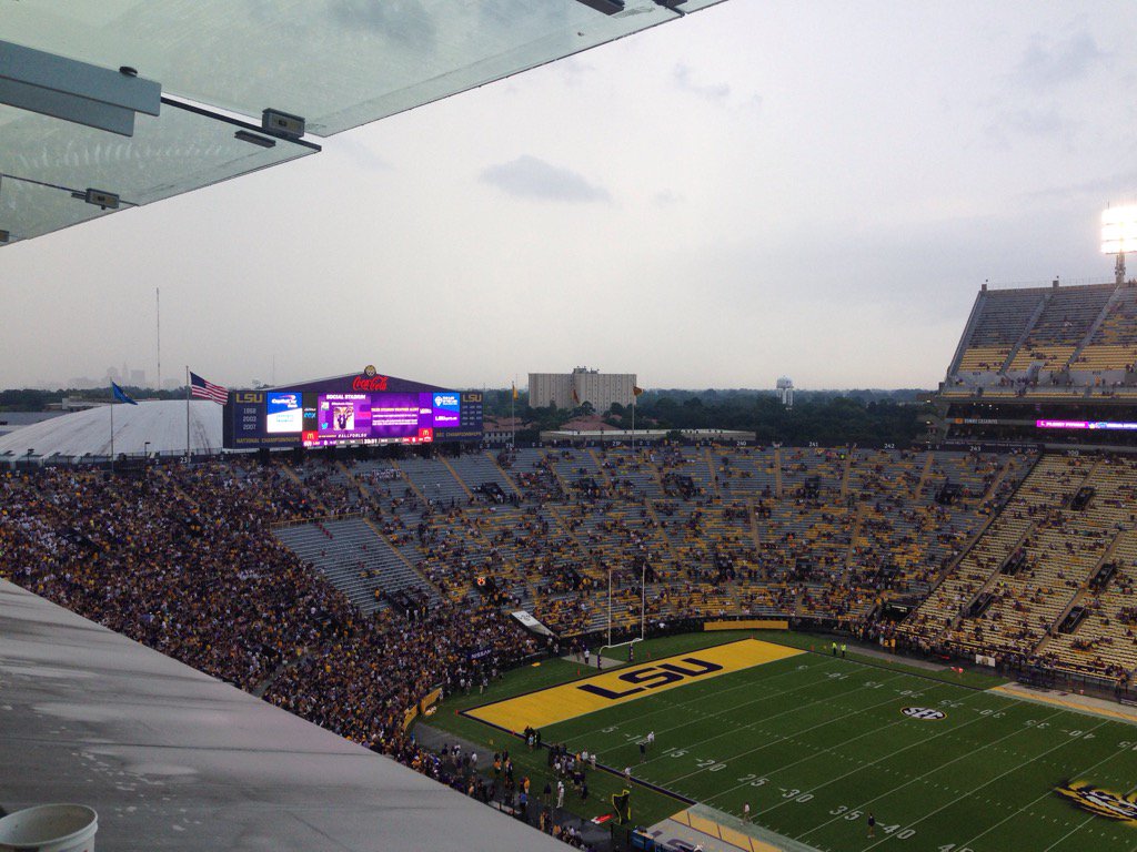 Tiger Stadium with downtown Baton Rouge Louisiana to the north obscured by rain. Lightning in the area delayed the kickoff for LSU's home opener against Jacksonville State on Sept. 10 2016