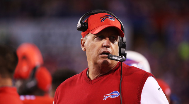 ORCHARD PARK NY- SEPTEMBER 15 Head Coach Rex Ryan of the Buffalo Bills walks the sidelines in a game against the New York Jets at New Era Field