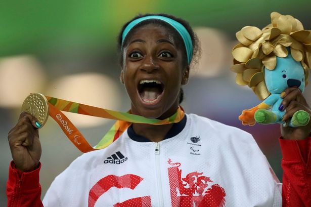 Kadeena Cox of Great Britain celebrates after winning the Women's C4-5 500m Time Trial Track Cycling