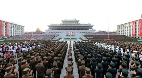 A rally celebrating the success of a recent nuclear test is held in Kim Il Sung square in this undated