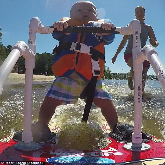 Rob and Heather Absher of Falls Lake North Carolina say their six-month-old son Auburn is the youngest person ever to water ski