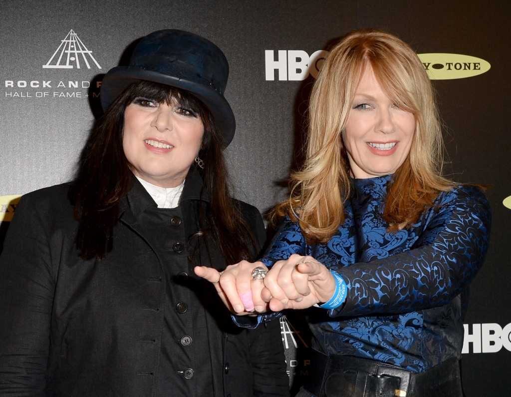 Inductees Ann Wilson and Nancy Wilson of Heart pose in the press room at the 28th Annual Rock and Roll Hall of Fame Induction Ceremony at Nokia Theatre L.A. Live