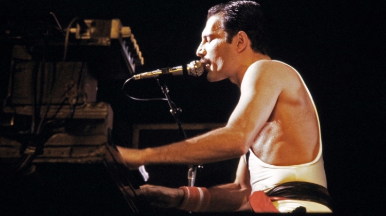 The rockstar Freddie Mercury lead singer of the rock group Queen during a concert in Paris France in September 1984