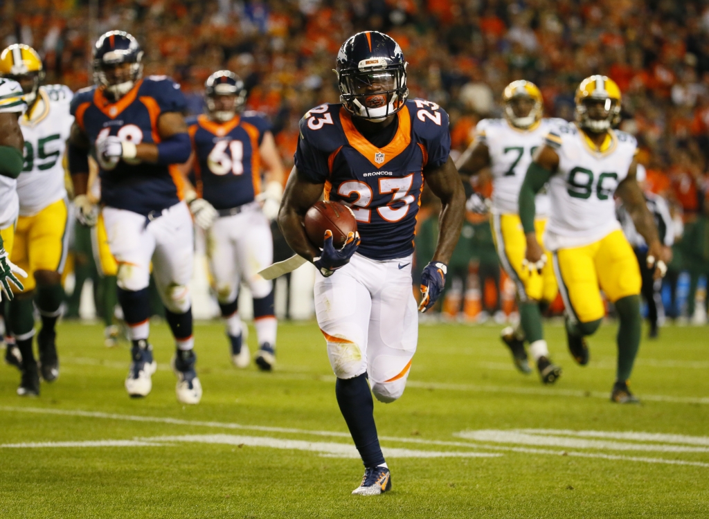 Denver Broncos running back Ronnie Hillman runs for a touchdown during an NFL football game between the Denver Broncos and the Green Bay Packers Sunday Nov. 1 2015 in Denver