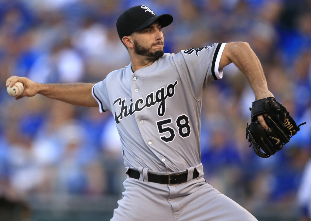 Chicago White Sox starting pitcher Miguel Gonzalez delivers to a Kansas City Royals batter during the first inning of a baseball game at Kauffman Stadium in Kansas City Mo. Saturday Sept. 17 2016