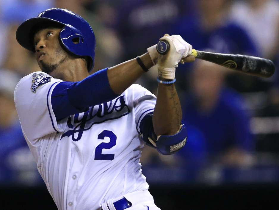 Kansas City Royals shortstop Alcides Escobar hits a three-run home run off New York Yankees relief pitcher Blake Parker during the seventh inning of a baseball game at Kauffman Stadium in Kansas City Mo. Monday Aug. 29 2016