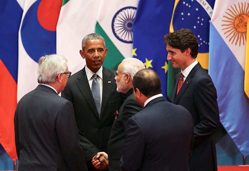 HANGZHOU SEP 4: U.S. President Barack Obama talks to Canadian Prime Minister Justin Trudeau Indian Prime Minister Narendra Modi and European Commission President Jean Claude Juncker during the G20 Summit in Hangzhou Zhejiang province China September