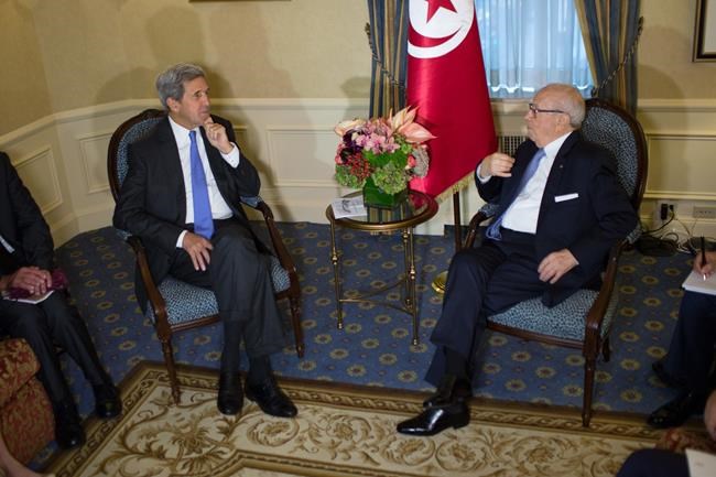 U.S. Secretary of State John Kerry sits with President Beji Caid Essebsi of Tunisia during a bilateral meeting Monday Sept. 19 2016 in New York