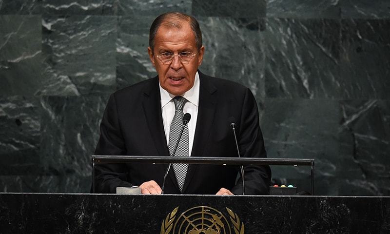 Russian Foreign Minister Sergei Lavrov addresses the 71st session of the United Nations General Assembly at the UN headquarters in New York.-AFP