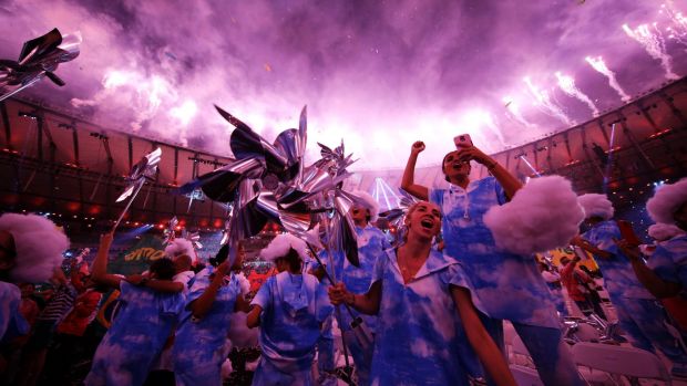 Performers celebrate at the end of the closing ceremony of the Rio 2016 Paralympic Games at the Maracana Stadium in Rio