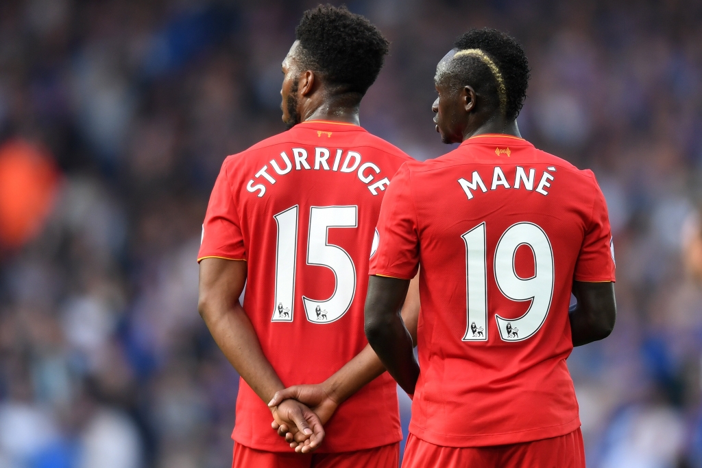 LIVERPOOL ENGLAND- SEPTEMBER 10 Sadio Mane of Liverpool and Daniel Sturridge of Liverpool look on during the Premier League match between Liverpool and Leicester City at Anfield