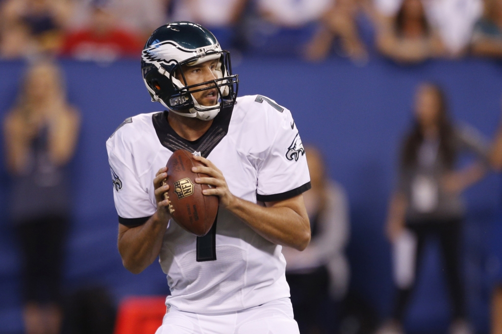 Aug 27 2016 Indianapolis IN USA Philadelphia Eagles quarterback Sam Bradford drops back to pass against the Indianapolis Colts at Lucas Oil Stadium. Mandatory Credit Brian Spurlock-USA TODAY Sports