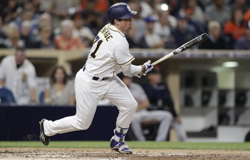 San Diego's Hunter Renfroe hits a single during the fifth inning on Thursday