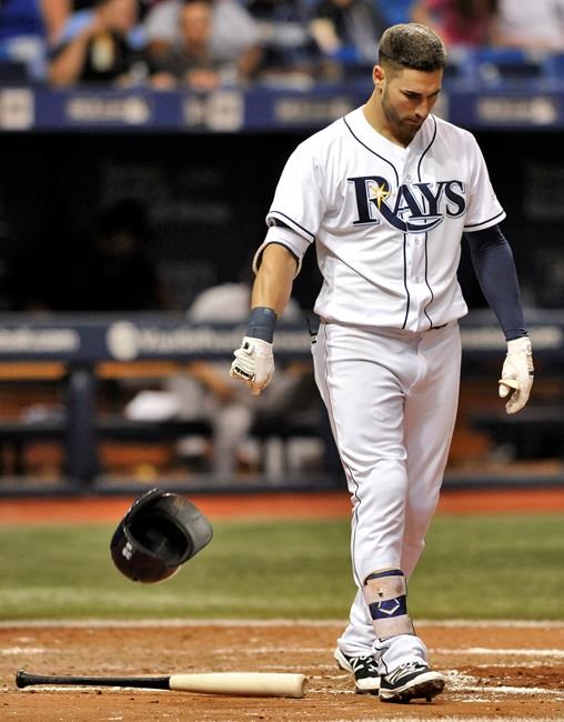 Tampa Bay Rays&#39 Kevin Kiermaier tosses his helmet after striking out to end the fifth inning of a baseball game against the New York Yankees on Tuesday Sept. 20 2016 in St. Petersburg Fla