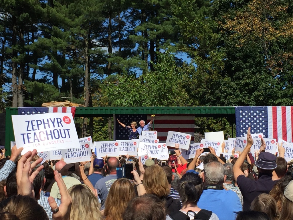 Democratic 19th Congressional District candidate Zephyr Teachout and U.S. Sen. Bernie Sanders of Vermont wave to Teachout supporters gathered to hear the two speak at a rally in New Paltz N.Y. Friday Sept. 16 2016