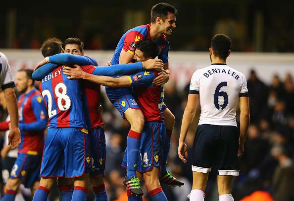 LONDON ENGLAND- FEBRUARY 21 Martin Kelly of Crystal Palace celebrates with Scott Dann of Crystal Palace after the Emirates FA Cup Fifth Round match between Tottenham Hotspur and Crystal Palace at White Hart Lane