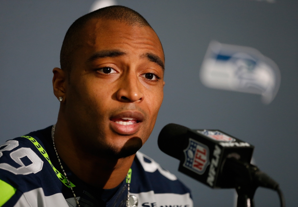 CHANDLER AZ- JANUARY 28 Wide receiver Doug Baldwin #89 of the Seattle Seahawks speaks during a Super Bowl XLIX media availability at the Arizona Grand Hotel