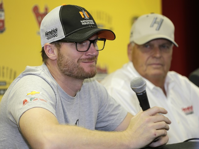 Dale Earnhardt Jr. left and team owner Rick Hendrick during a news conference before the NASCAR Sprint Cup Series auto race at Darlington Raceway Sunday Sept. 4 2016 in Darlington S.C