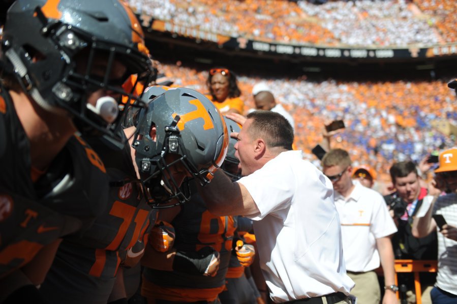 Tennessee head coach Butch Jones leads the team from the locker room to face Florida at Neyland Stadium on Saturday Sept. 24 2016