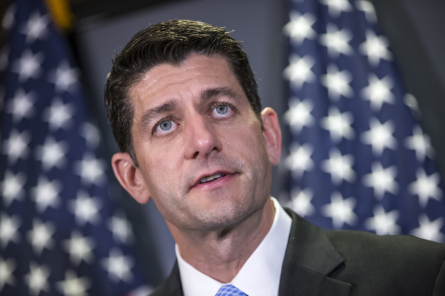 House Speaker Paul Ryan of Wis. faces reporters at Republican National Committee headquarters on Capitol Hill in Washington. Con