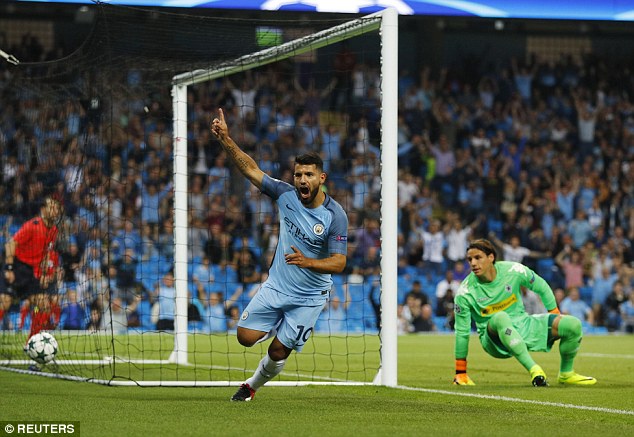 Sergio Aguero scored three as Manchester City beat Gladbach 3-0 in the Champions League