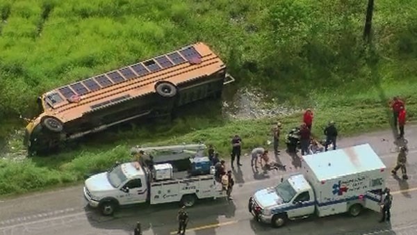 Several injured after school bus flips in Texas