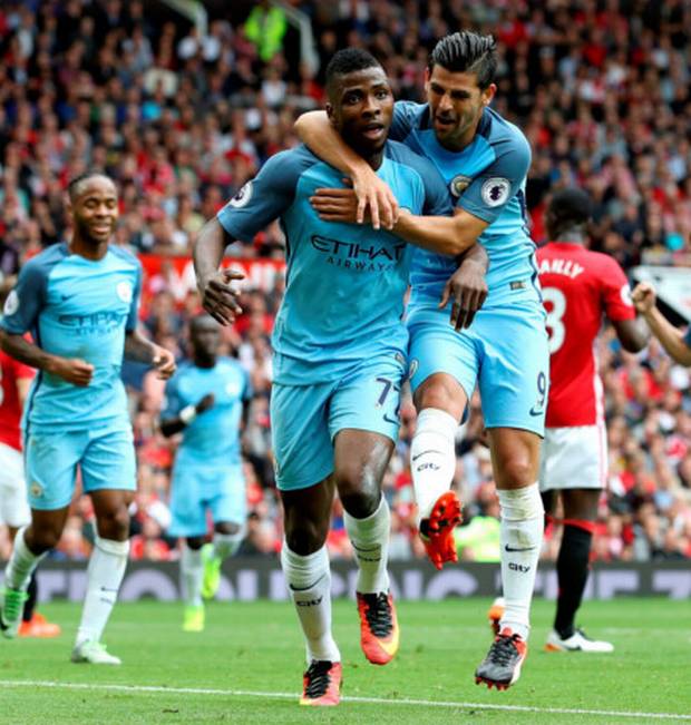 Sharpshooter Kelechi Iheanacho celebrates with Nolito after scoring ManchesterCity’s second goal at Old Trafford