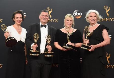 From left actress Amanda Abbington producer Steven Moffat Sue Vertue and Rebecca Eaton after winning the award for Outstanding Television Movie for “Sherlock The Abominable Bride” at the Emmys on Sunday