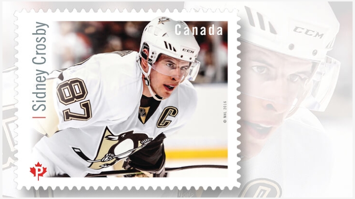 Sidney Crosby and five other great Canadian hockey forwards are honored on Canadian stamps unveiled Sept. 23