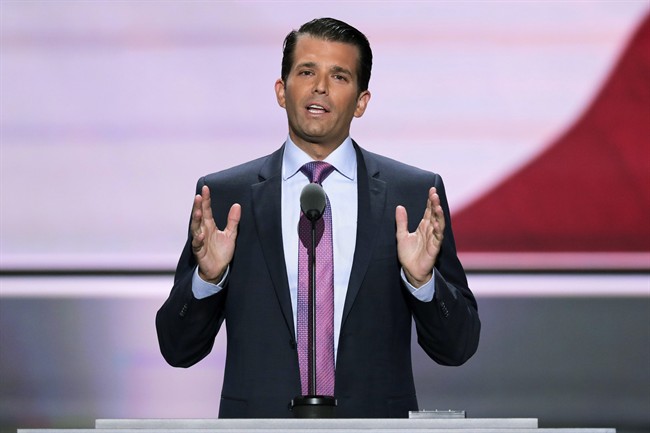 Donald Trump Jr. son of Republican presidential candidate Donald Trump speaks at the Republican National Convention in Cleveland. The younger Trump posted a message on Twitter likening Syrian refugees to a bowl of pois