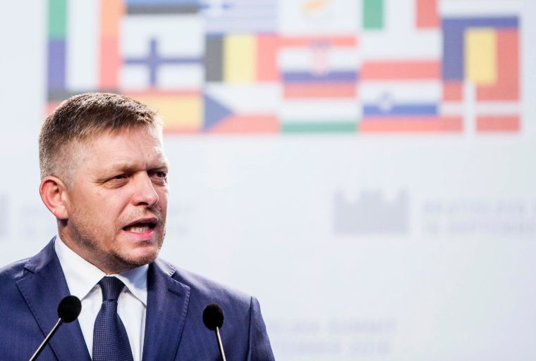 Slovakia's Prime minister Robert Fico delivers a statement after the European Union Summit