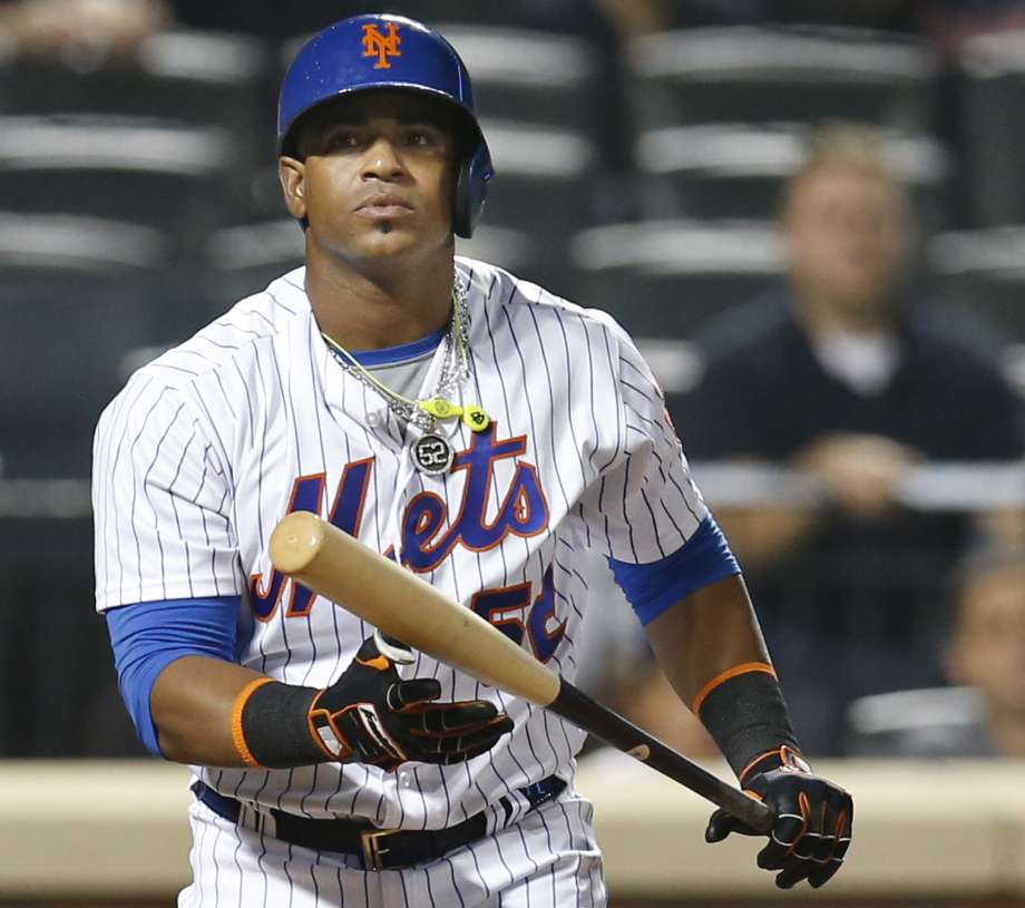 New York Mets Yoenis Cespedes reacts after striking out swinging for the final out with Asdrubal Cabrera at first base in the Mets 5-4 loss to the Atlanta Braves in a baseball game Tuesday Sept. 20 2016 in New York. ORG XMIT