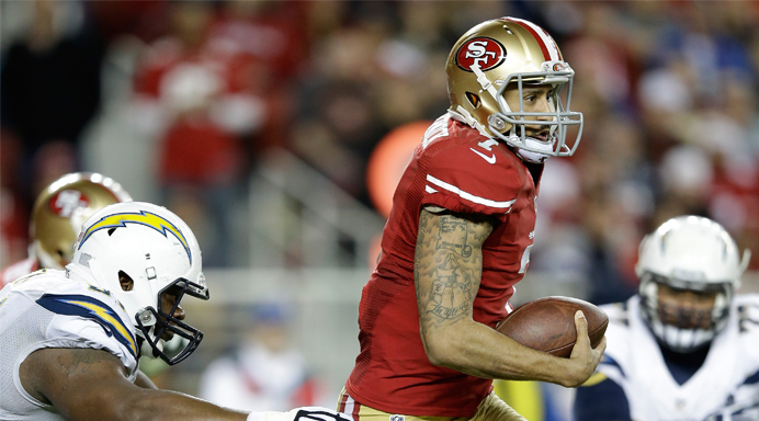 Quarterback Colin Kaepernick #7 of the San Francisco 49ers verse the San Diego Chargers at Levi's Stadium