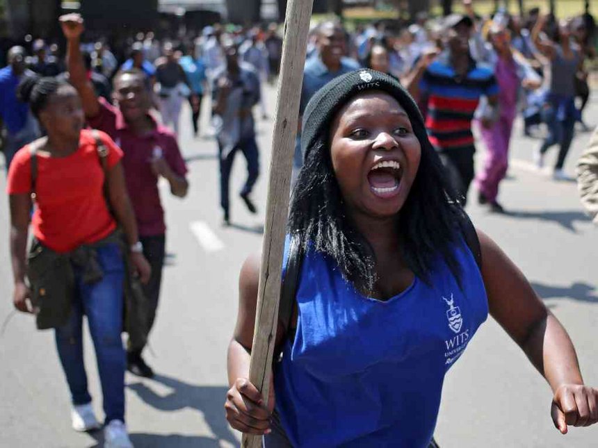 Students take part in a protest at University of the Witwatersrand as countrywide protests demanding free tertiary education entered a third week Johannesburg South Africa