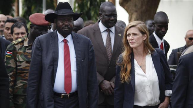 South Sudan's President Salva Kiir walks with US Ambassador to the United Nations Samantha Power and other visiting members of the UN Security Council in the capital Juba South Sudan