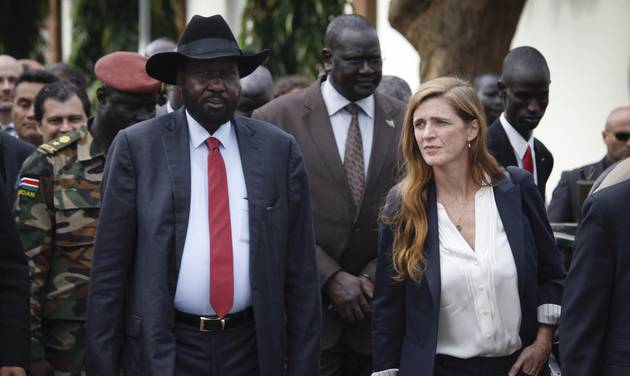 South Sudan's President Salva Kiir left walks with U.S. Ambassador to the United Nations Samantha Power right and other visiting members of the UN Security Council in the capital Juba South Sudan Sunday Sept. 4 2016. South Sudan has agreed