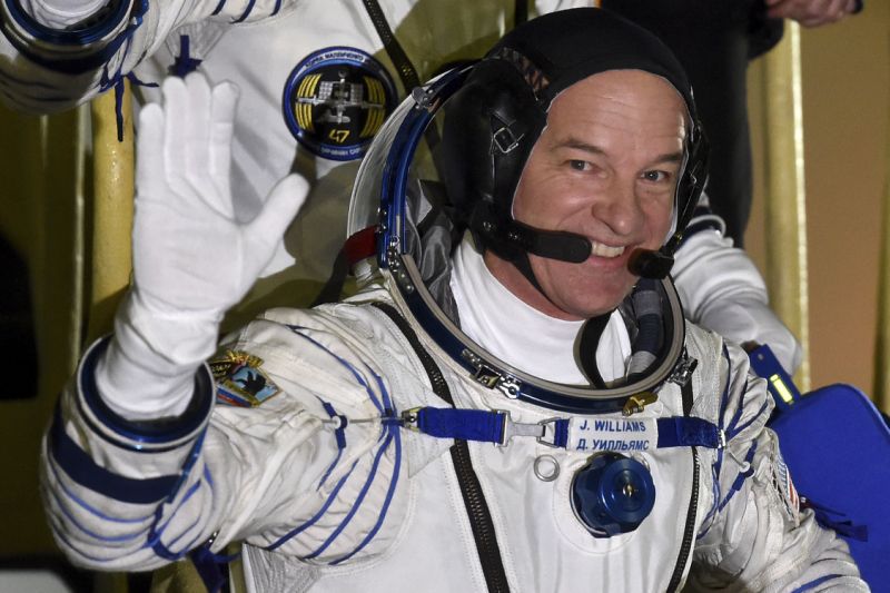 NASA astronaut Jeff Williams a member of the main crew of the mission to the International Space Station, waves prior his rocket launch at the Russian-leased cosmodrome in Baikonur Kazakhstan. On W