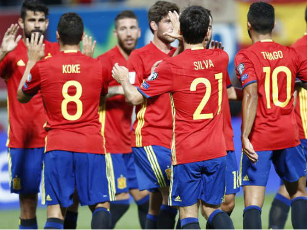 Spanish players celebrate after scoring against Liechtenstein