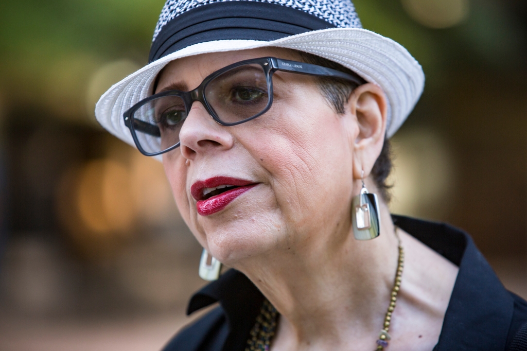 Karen Lewis the president of the Chicago Teachers Union outside Dr. Martin Luther King Jr. College Preparatory High School in Chicago on the first day of the CPS school year Tuesday. | James Foster  For the Sun-Times